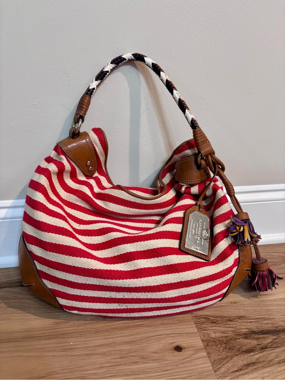 Lauren Ralph Lauren Red and Cream Striped Canvas Hobo with Brown Leather Trim